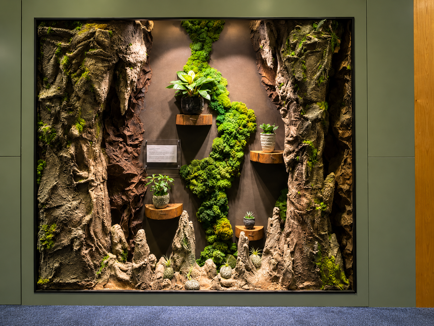 The completed framed botanical installation, with textured rock forms, moss, and planted shelves.