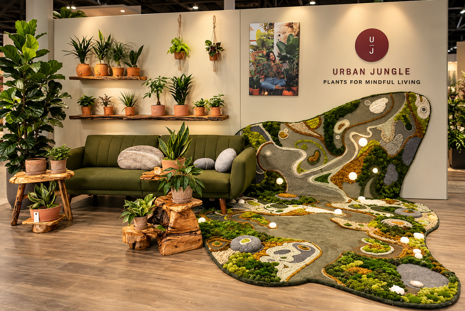 The completed Urban Jungle lounge display, bringing sculptural surfaces, plants, and seating together.