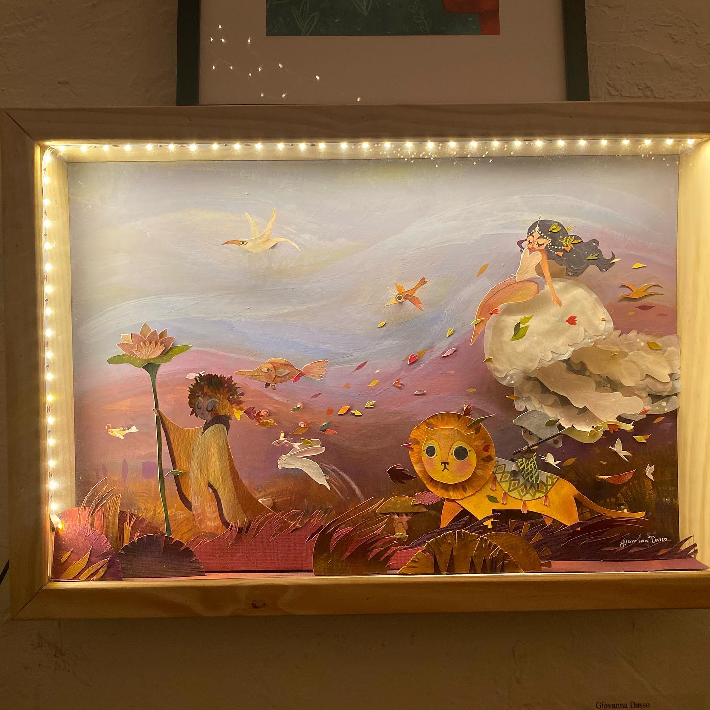 Illuminated shadow-box diorama of the fantasy meadow scene