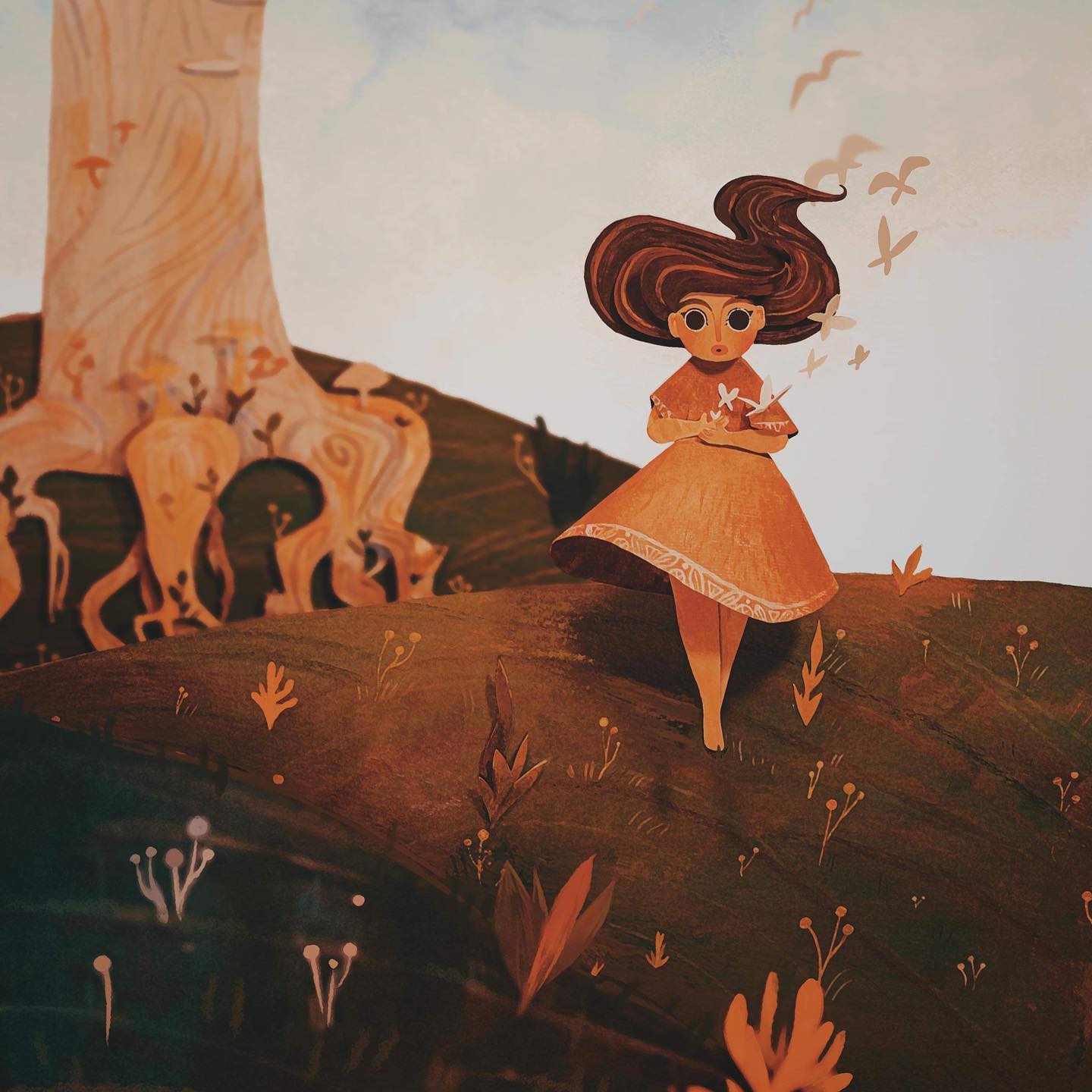 Painting: girl in orange dress releasing paper birds on a hillside
