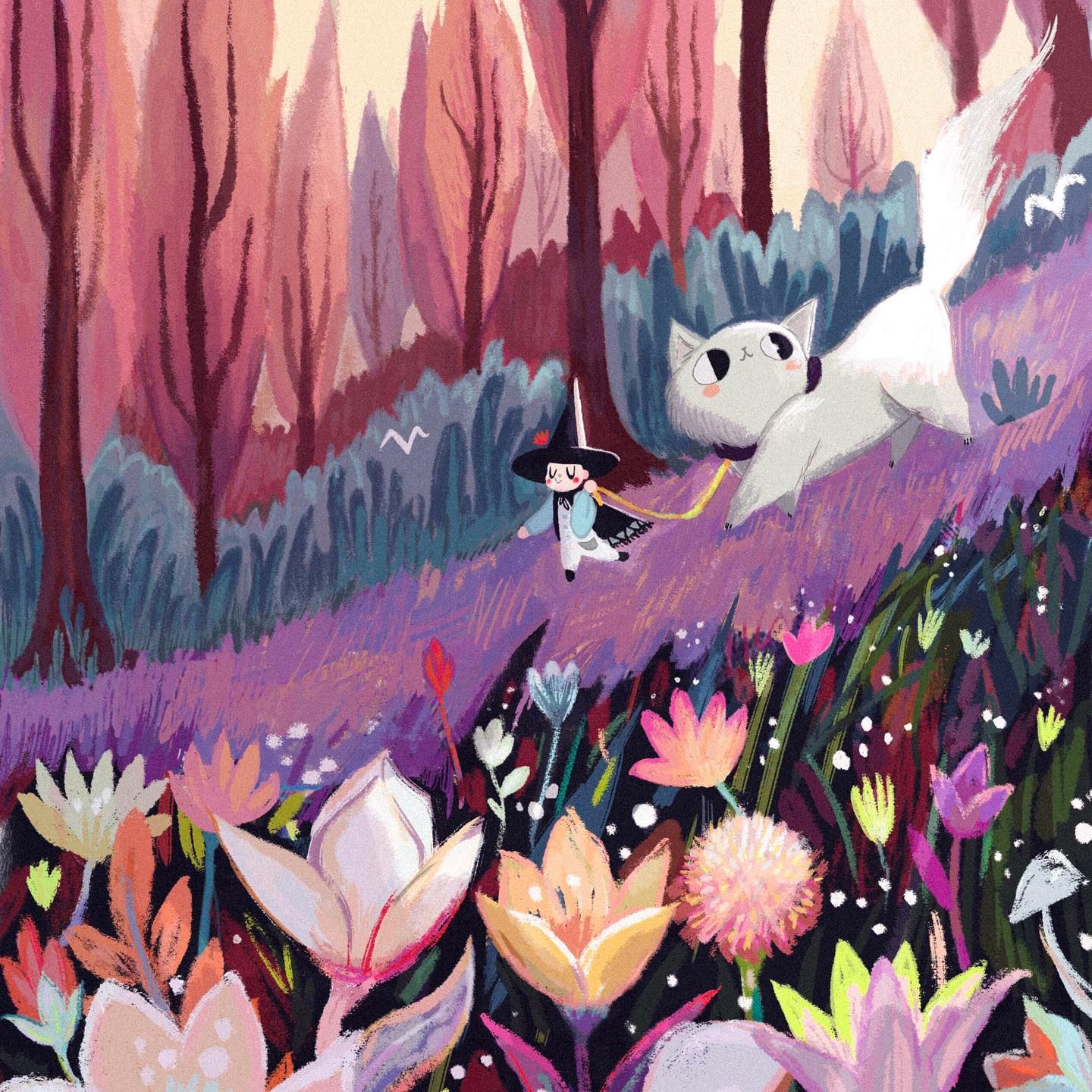 Witch girl leading giant white cat through pink forest